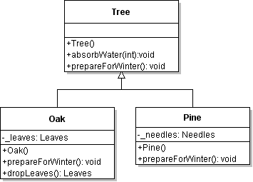 UML Diagram of trees with Parent class tree containing public methods Tree(), absorbWater(int):void, prepareForWinter():void with child class Oak with private fiel leaves:Leaves and public methods Oak(), prepareForWinter():void, dropLeaves():Leaves and child class Pine with private field needles:Needles and public methocs Pine() adn prepareForWinter():void